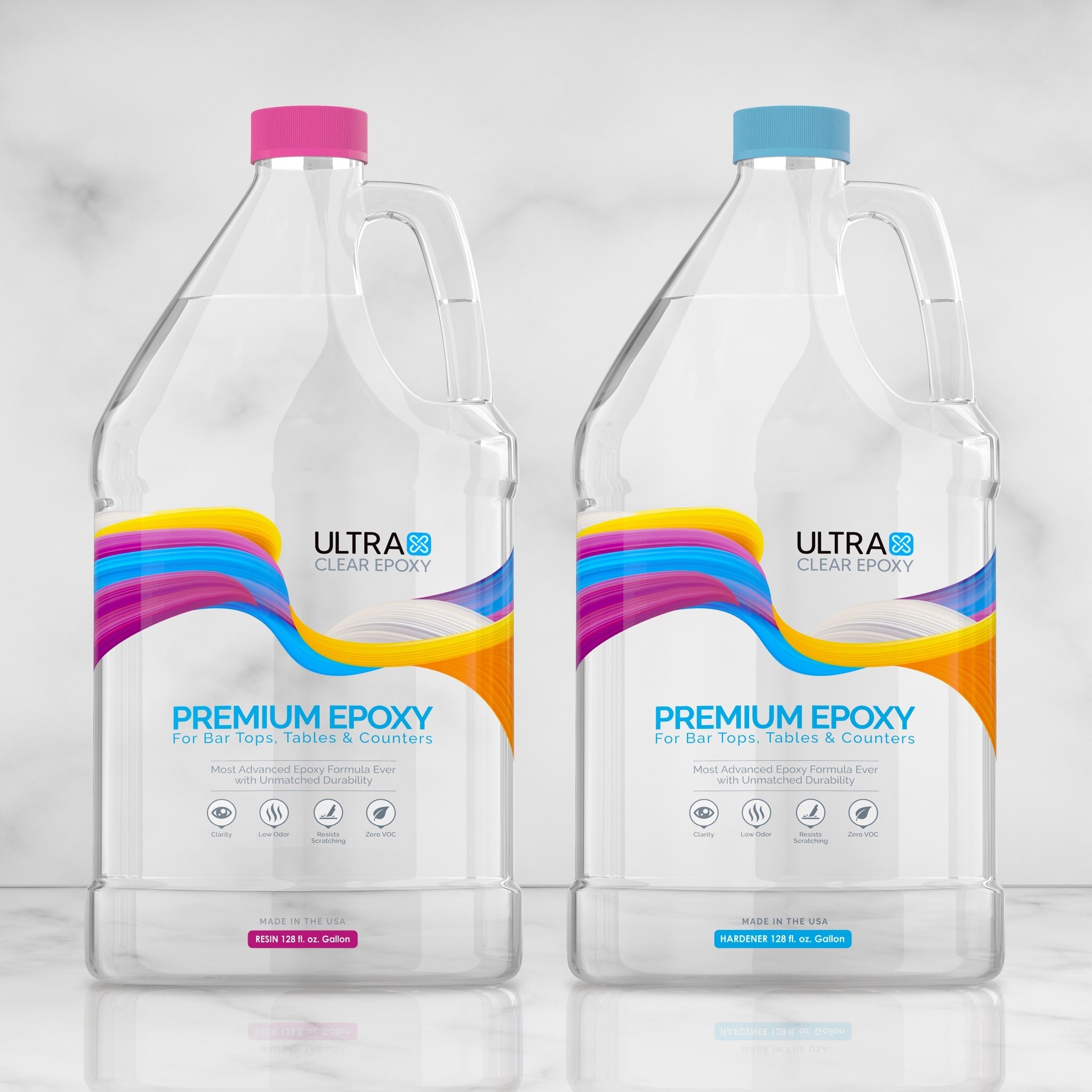 Two bottles of Ultra Clear Epoxy on a light gray background