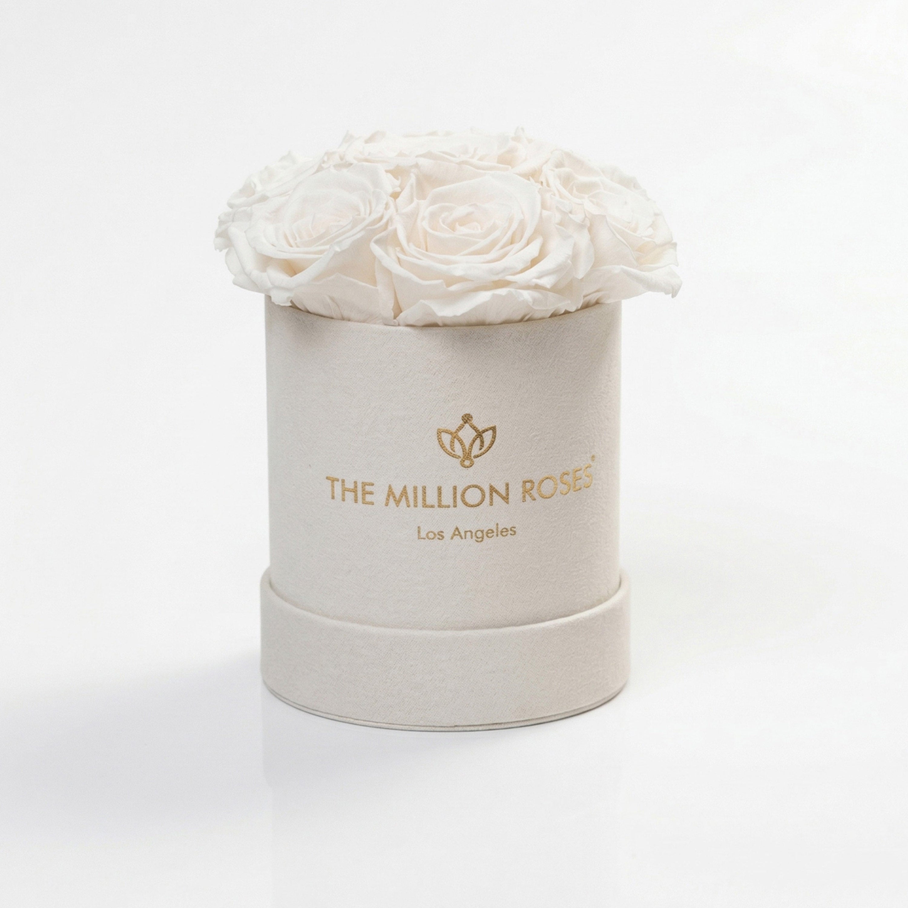 Essence Beige Suede Box containing seven white roses arranged neatly inside