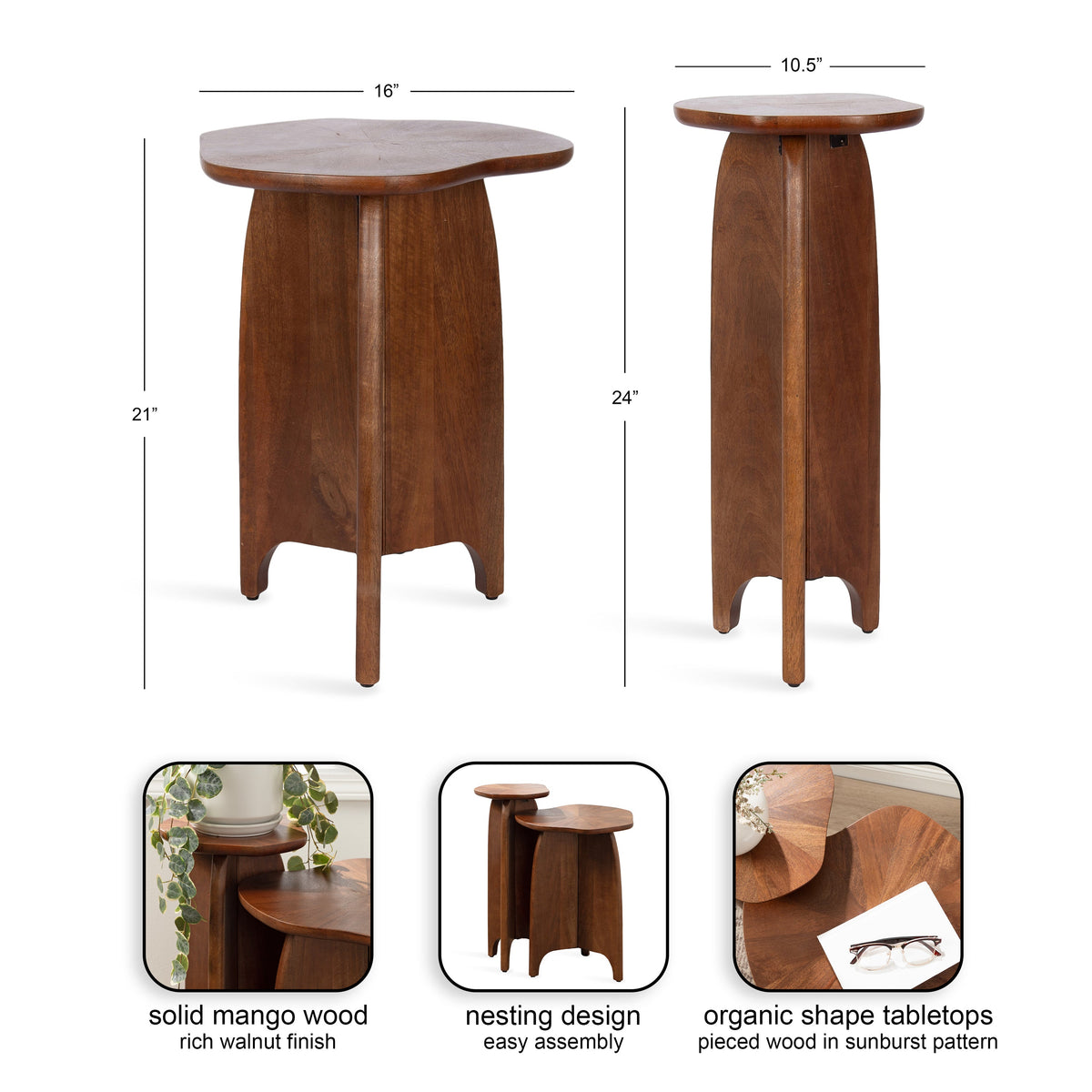 Two solid mango wood tables with nesting design, featuring organic-shaped tabletops in a sunburst wood pattern and a rich walnut finish, shown with assembly dimensions.