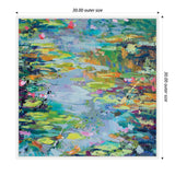 Abstract impressionist painting of water with green, yellow, pink, and blue waterlilies and foliage, framed in a white square frame sized 30x30 inches.