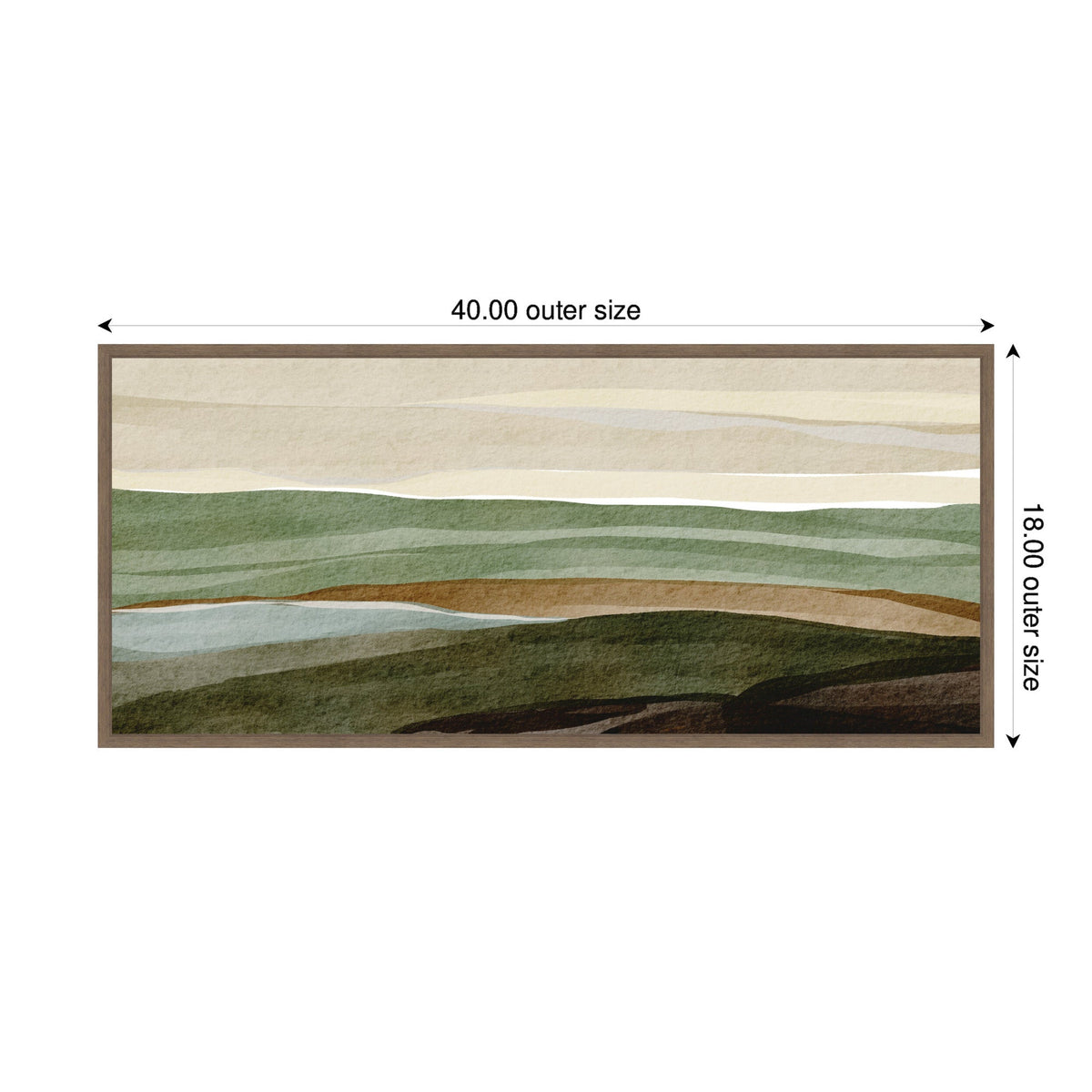 Abstract horizontal landscape in soft earthy tones of beige, green, and brown with layered brushstrokes in a 40x18 framed rectangular canvas.