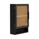 Black wall cabinet with a woven rattan front door and an open cubby shelf at the bottom, shown at a slight angle against a white background.