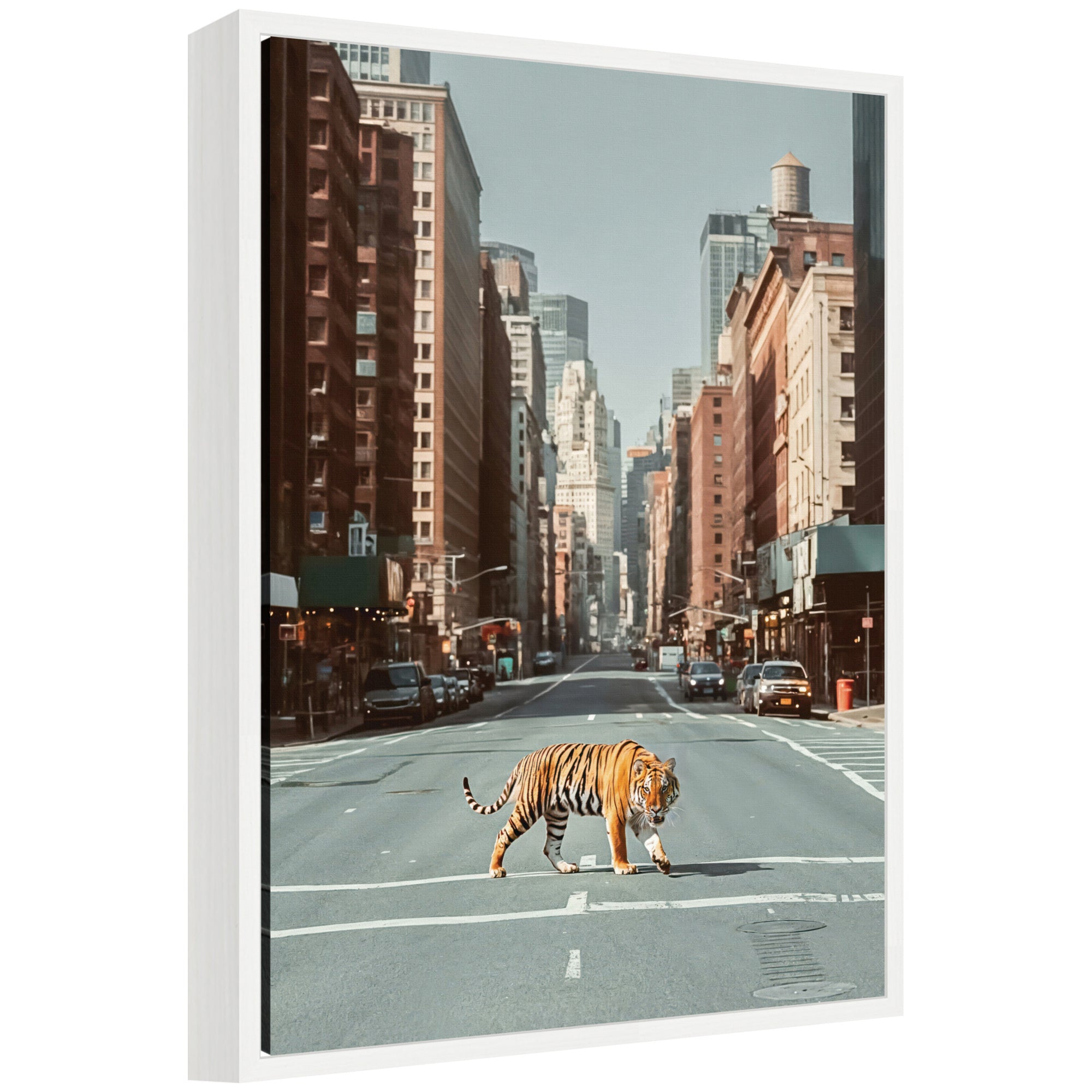 Framed canvas art print 'Sylvie Urban Tiger in the City' showing a cityscape with a tiger, by Michael Schauer