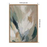 Abstract floral painting with broad, textured brushstrokes in green, white, beige, and muted blue, framed in a textured light brown wooden frame, 18 by 24 inches.