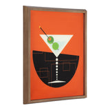 Stylized artwork of a white martini glass with green olives on a stick, set against a bright orange background with a semi-circular black geometric shape below, framed in wood.