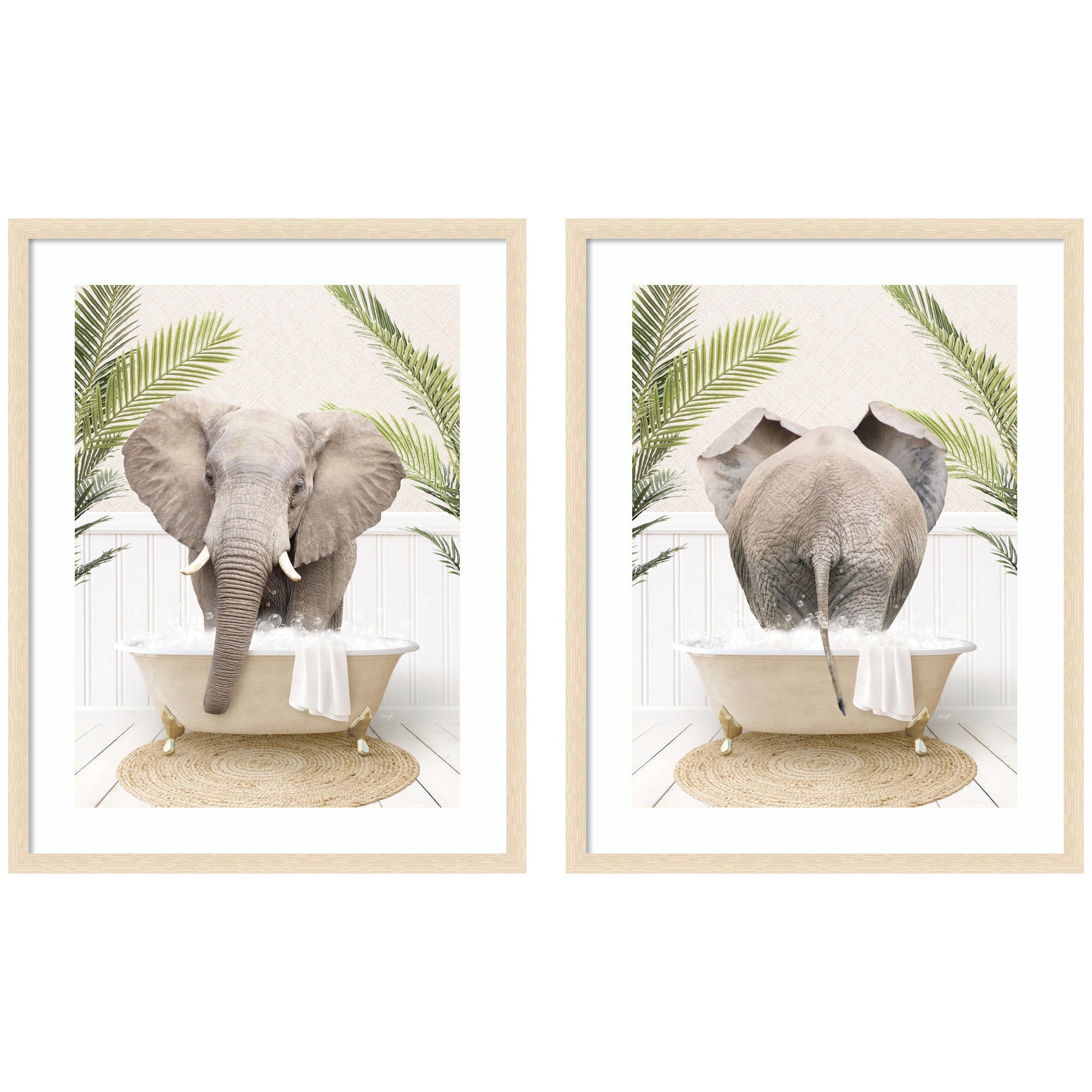 Elephant Palm Bathtub 2 Piece Framed Wall Art Print Set by Amy Peterson
