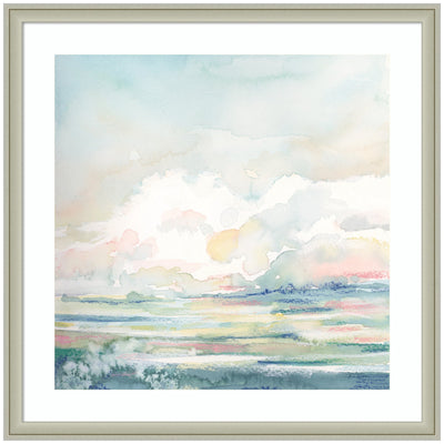 Framed Stillness artwork by Julie Maida showing a soft pastel sky with abstract horizon in Florence Silver frame