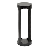 Tall, slim black cylindrical side table with curved cutouts on four sides creating an open frame design