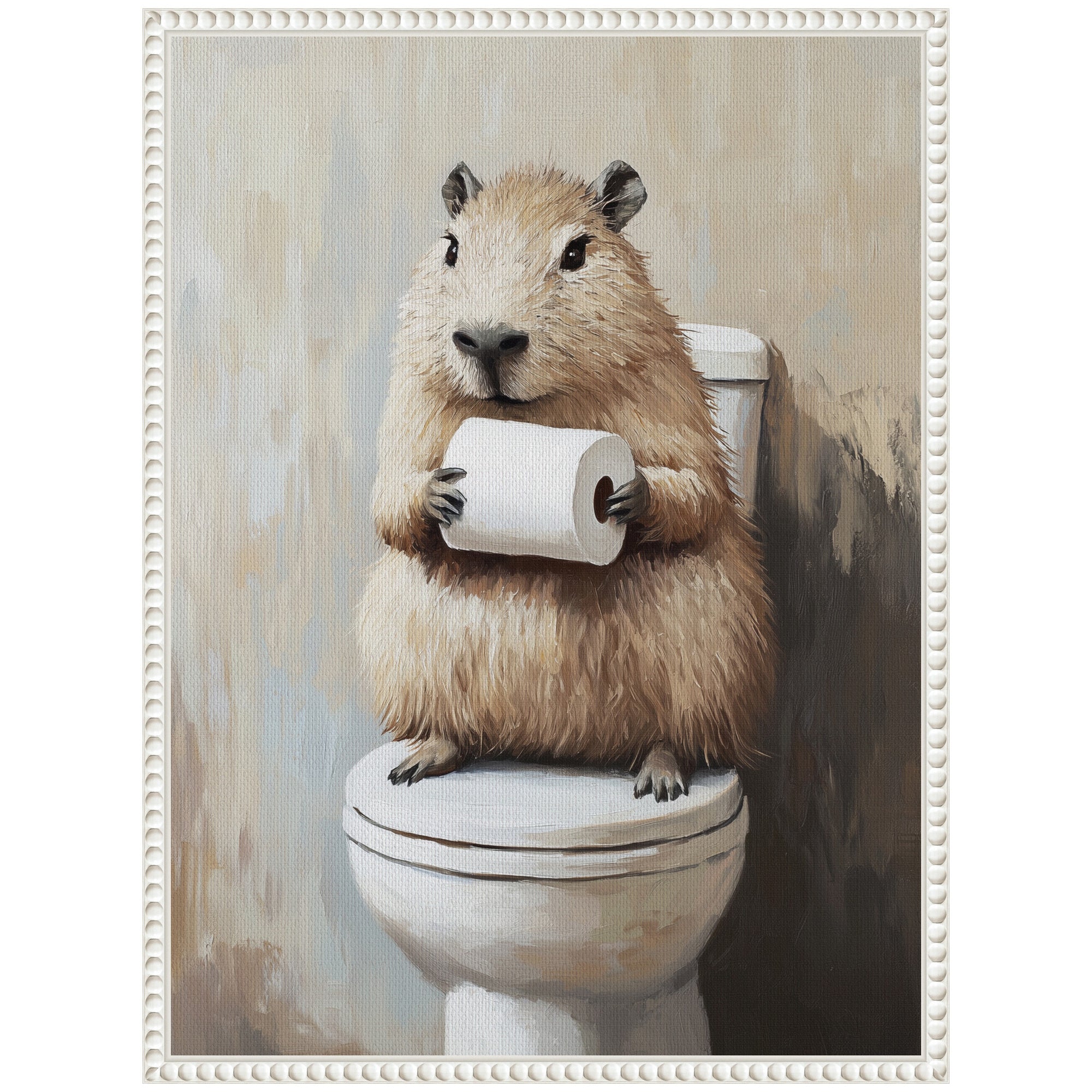 Sylvie Capybara Angled Holding Toilet Paper Roll Toilet Bathroom Art Framed Canvas