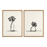 Two framed minimalist black line drawings on cream backgrounds showing vases with sprigs of round berries, one tall bottle-shaped and one short rounded vase, side by side.