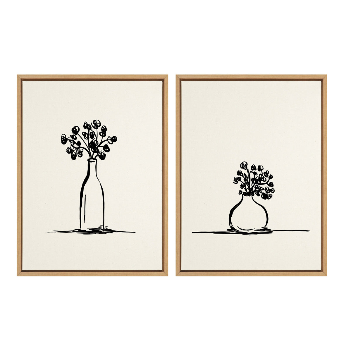 Two framed minimalist black line drawings on cream backgrounds showing vases with sprigs of round berries, one tall bottle-shaped and one short rounded vase, side by side.