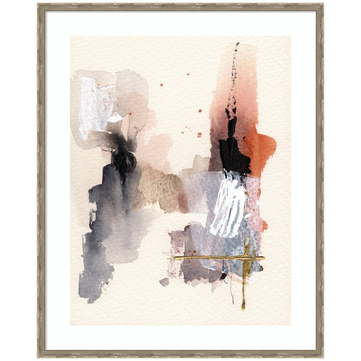 Abstract watercolor painting with soft washes of black, gray, and rust orange, accented by white and gold linear details, framed in a light wood frame.