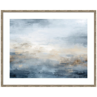 Framed abstract oceanic artwork in tonal blue and beige hues by The Creative Bunch Studio