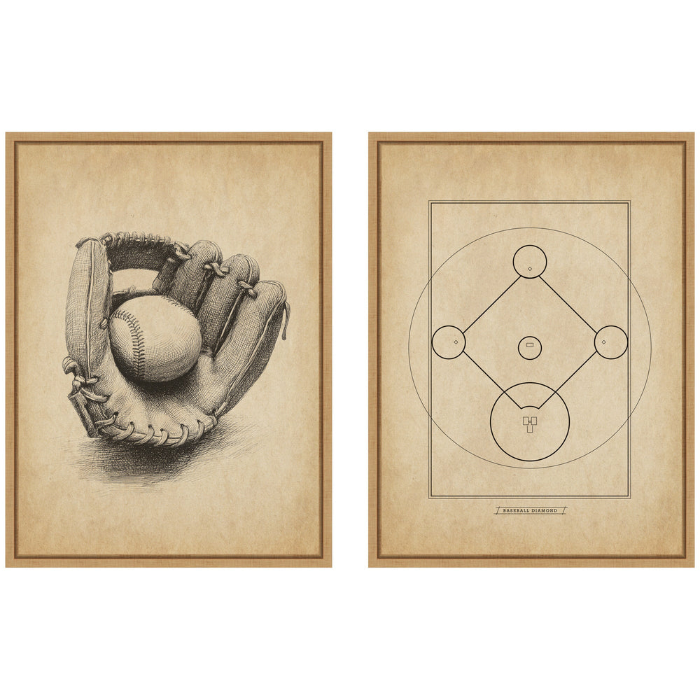 Vintage Baseball 2 Piece Framed Canvas Wall Art Set displayed on wall