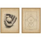 Vintage Baseball 2 Piece Framed Canvas Wall Art Set displayed on wall