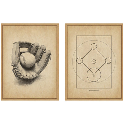 Vintage Baseball 2 Piece Framed Canvas Wall Art Set displayed on wall