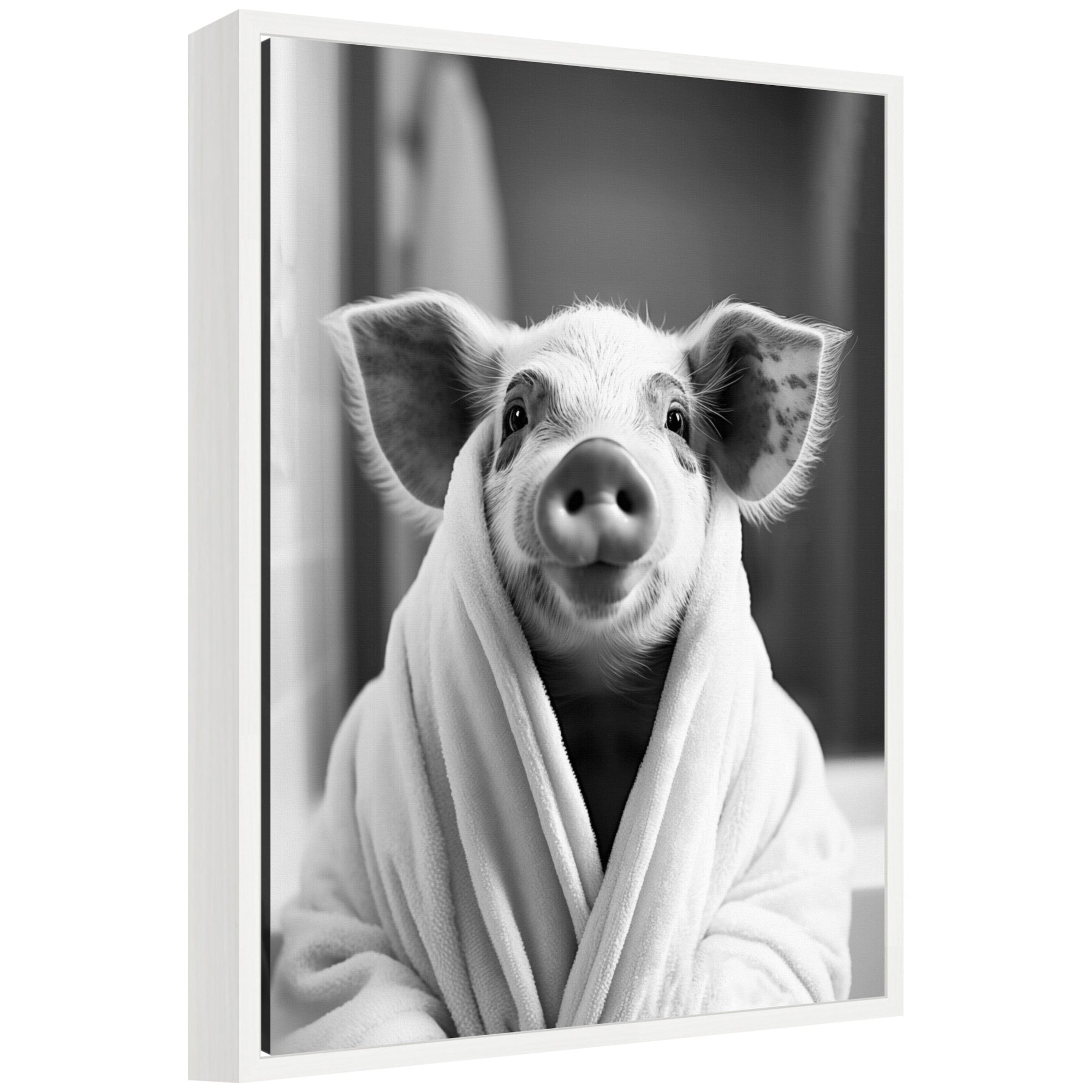 Sylvie Pig Bathroom Art Towel Robe Black and White Framed Canvas