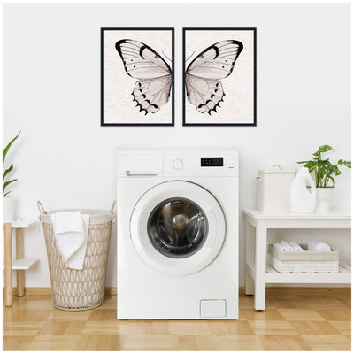 Sylvie Beaded Minimal Butterfly Watercolor Neutral Linen - 2 Piece Framed Canvas Art Set