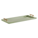 Rectangular sage green tray with raised edges and cylindrical gold handles on two opposite ends, shown at a slight angle.