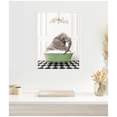 Sylvie Young Elephant in Green Bathtub Checker Floor Framed Canvas by Amy Peterson
