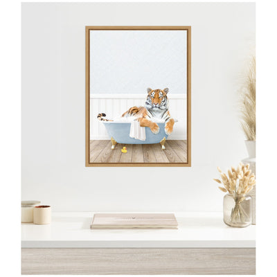 Sylvie Tiger in Cottage Blue Bathtub Framed Canvas by Amy Peterson