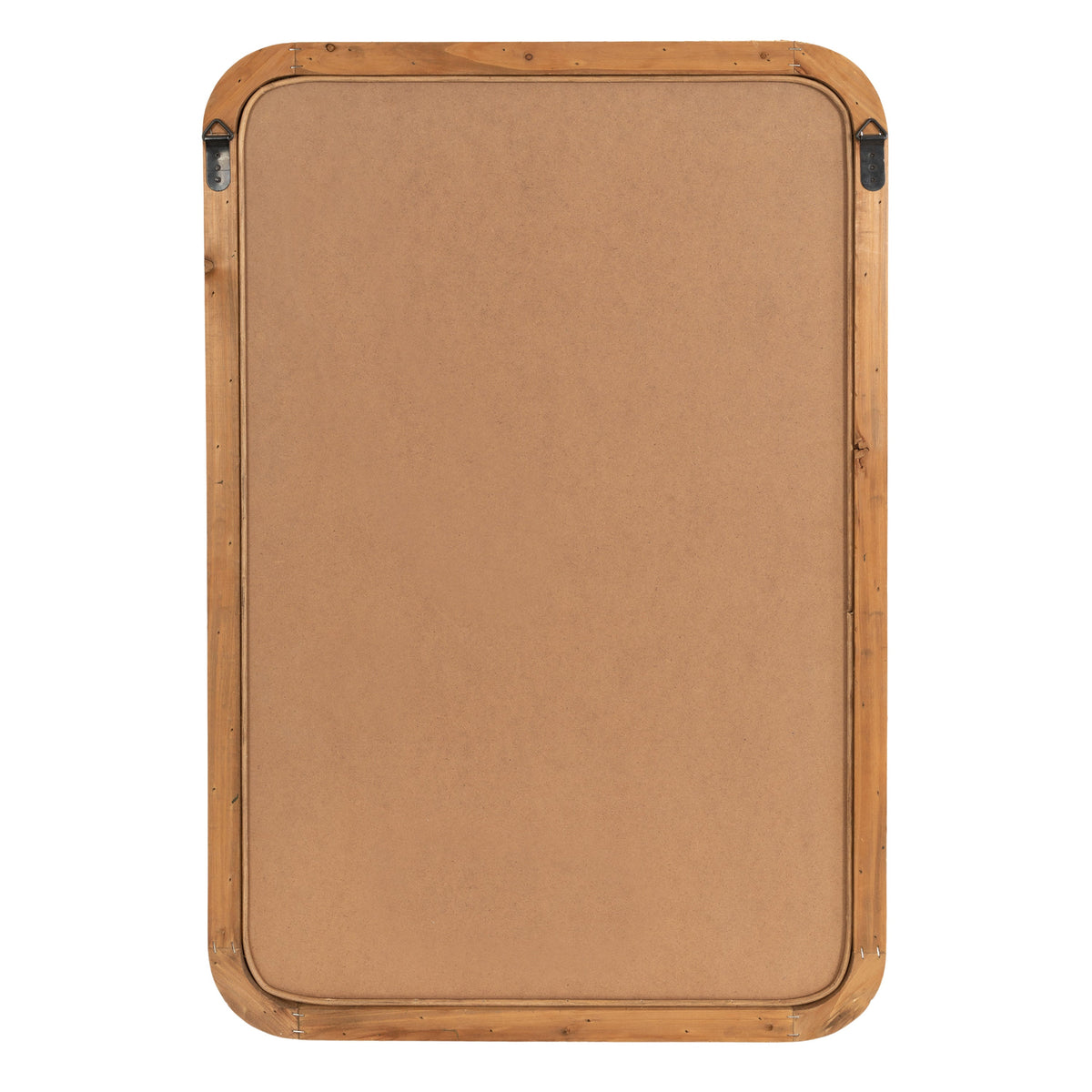 Rectangular wooden wall mirror frame with rounded corners and visible mounting hardware on a plain white background.