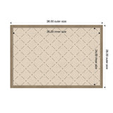 Rectangular pinboard with beige fabric and green lattice diagonal grid pattern, surrounded by a wooden frame with measurements labeled along edges.