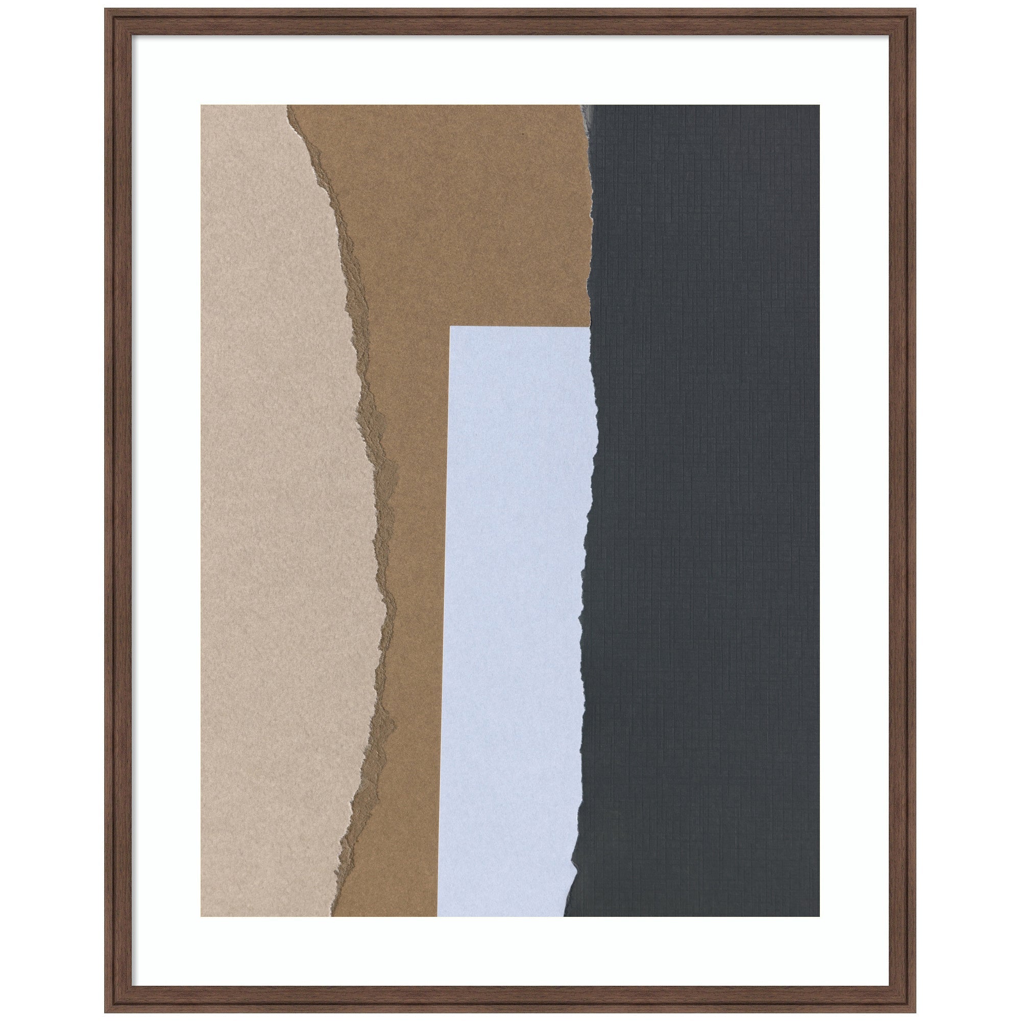 Torn Paper No3 framed wall art print by Mareike Bohmer, showing layered paper texture in muted beige and brown tones in a black frame on a white wall.