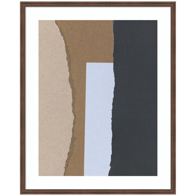 Torn Paper No3 framed wall art print by Mareike Bohmer, showing layered paper texture in muted beige and brown tones in a black frame on a white wall.