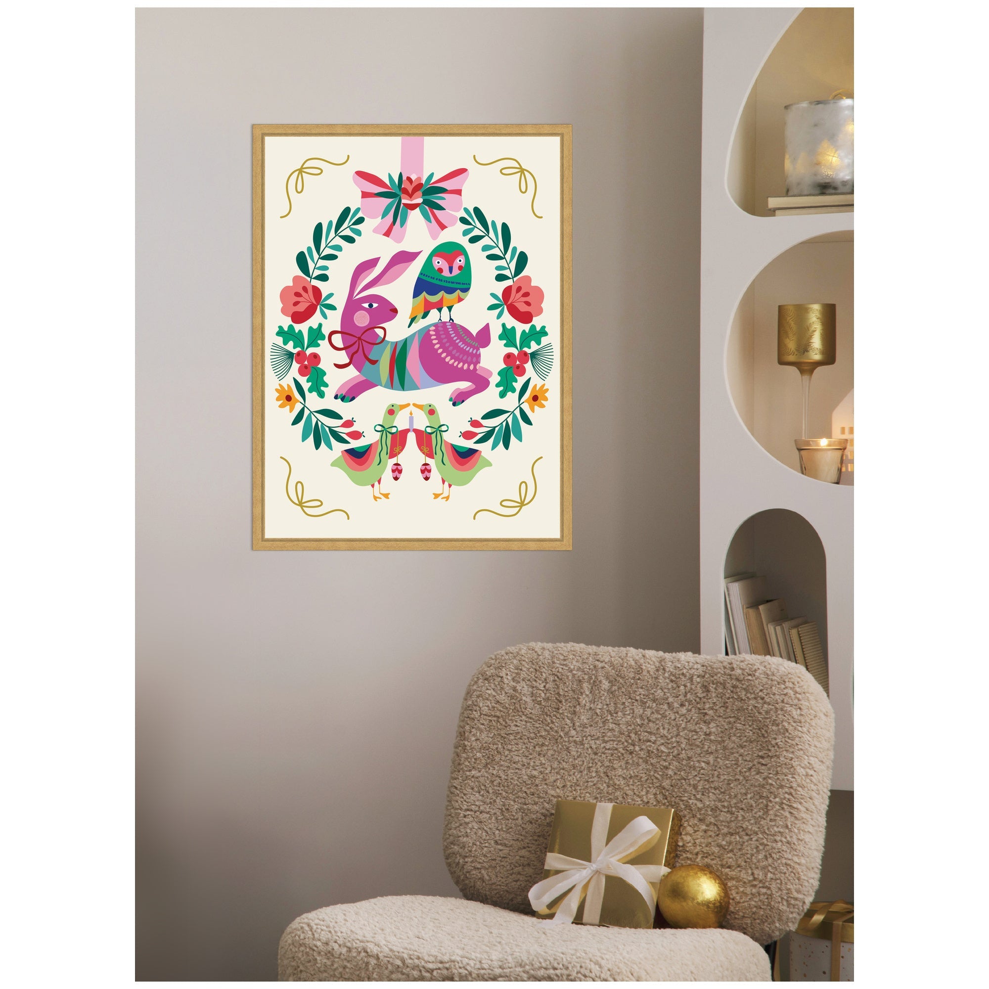 Sylvie Framed Canvas Woodland Animals Christmas Wreath by Rachel Lee