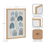 Wall art print featuring twelve blue stylized coastal shells arranged in a grid within a natural oak wood frame with minimalist gallery profile.