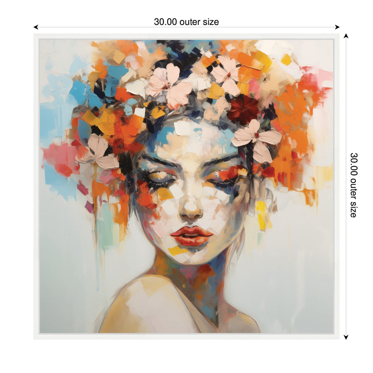 Abstract portrait of a female figure with closed eyes, surrounded by vibrant, multicolored splashes resembling flowers in her hair, on a 30x30 inch canvas.