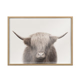 Framed print of a Highland cow with long shaggy light brown and cream hair covering its eyes, centered on a plain white background.
