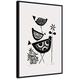 Sylvie Folk Bird Family Trio Linocut framed canvas art showing stylized bird figures with a vintage beaded frame
