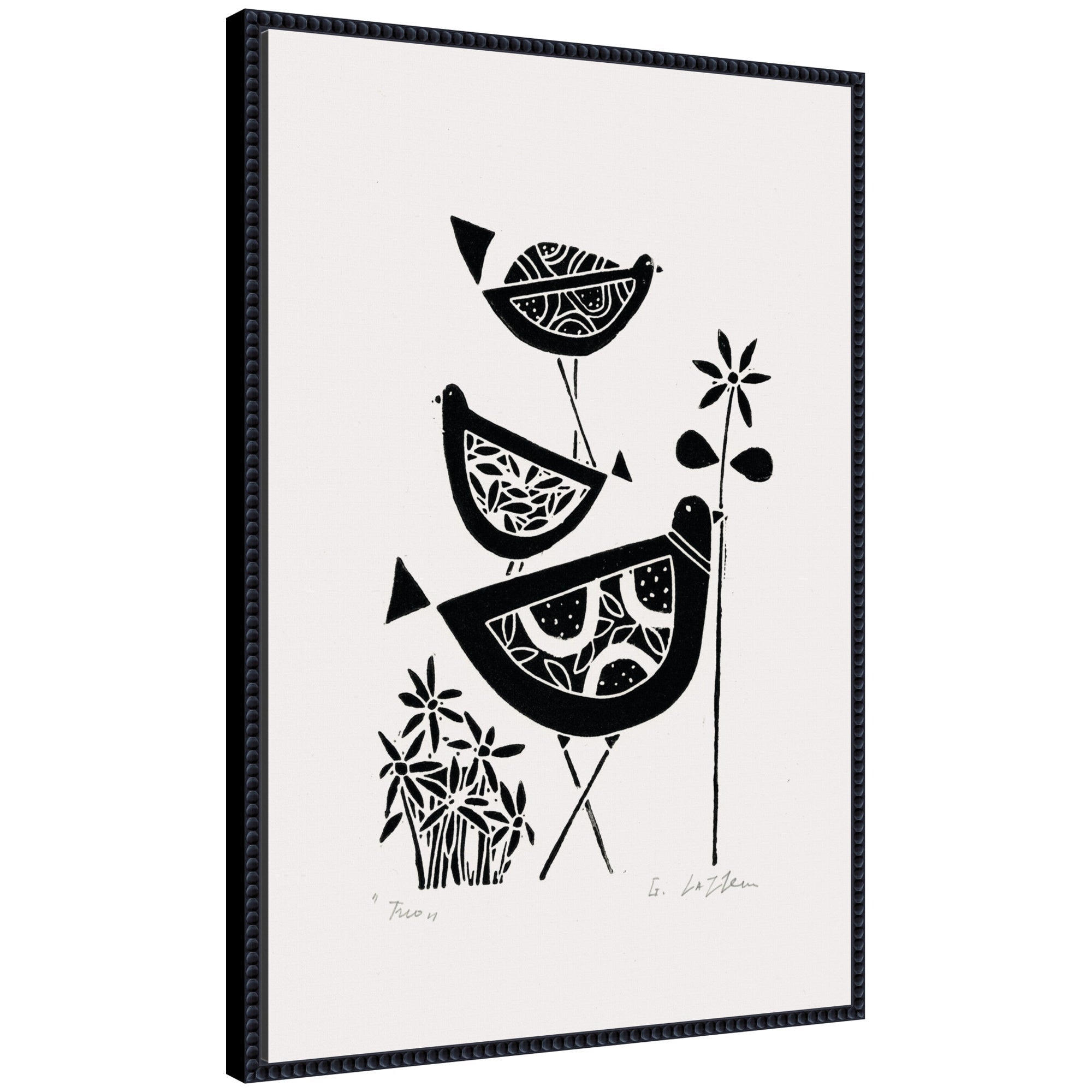 Sylvie Folk Bird Family Trio Linocut framed canvas art showing stylized bird figures with a vintage beaded frame