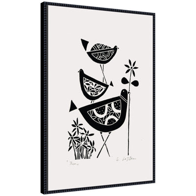 Sylvie Folk Bird Family Trio Linocut framed canvas art showing stylized bird figures with a vintage beaded frame