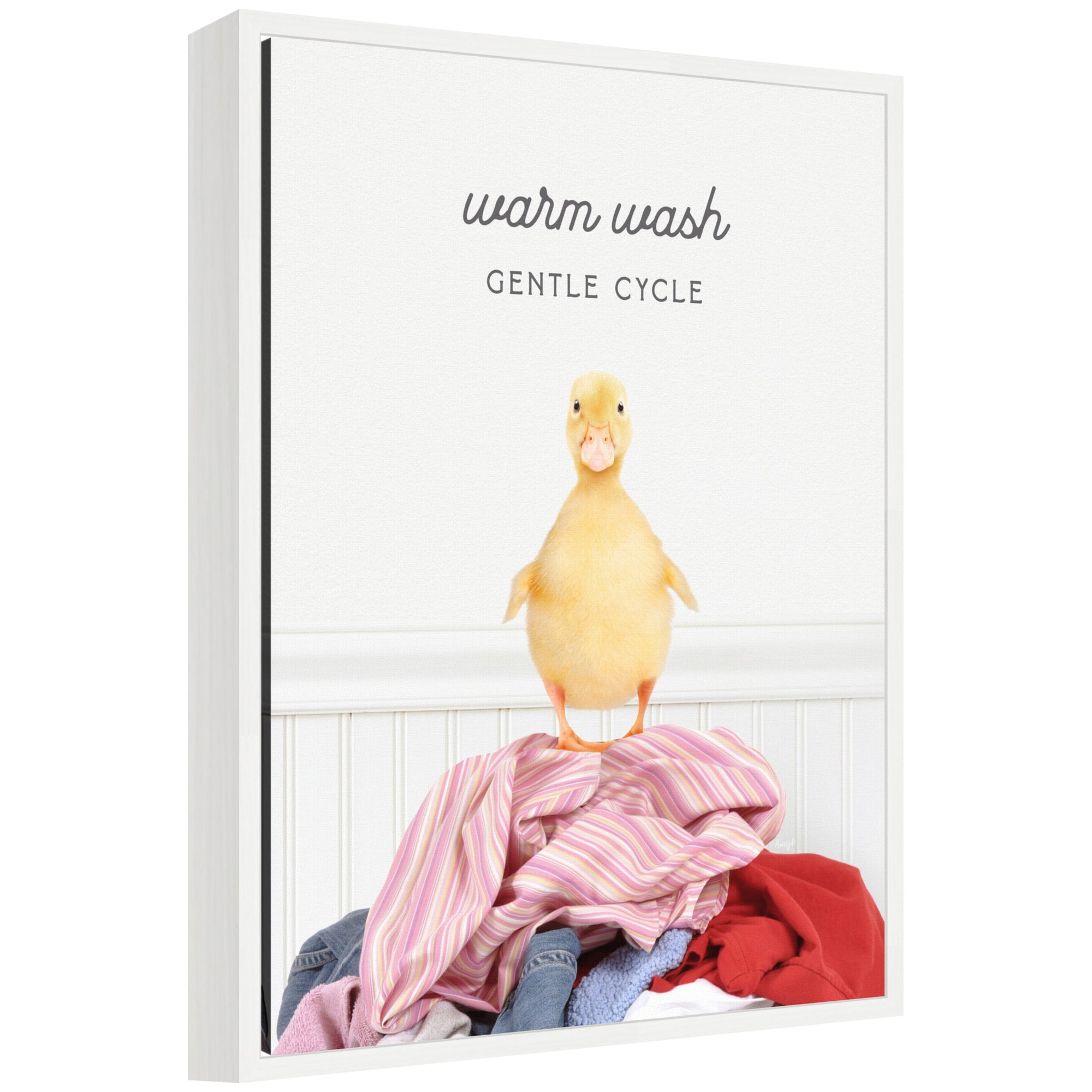 Framed canvas art titled Sylvie Ducky Warm Wash Gentle Cycle Laundry by Amy Peterson showing duck and laundry care symbols