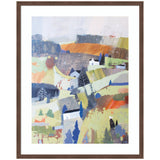 Framed Art Worlds View by Giuliana Lazzerini showing a colorful abstract countryside landscape with rolling hills, trees, and scattered houses in Florence Medium Brown frame.