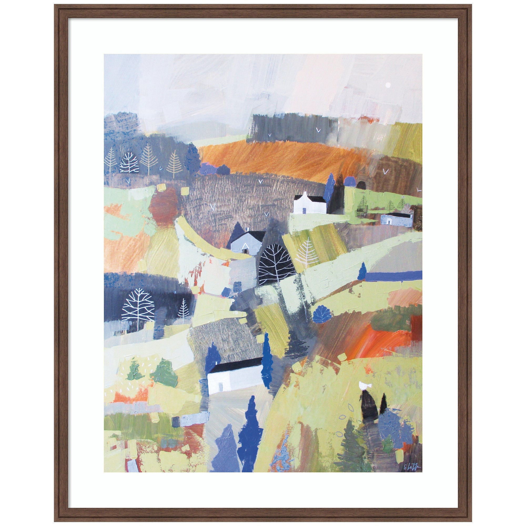 Framed Art Worlds View by Giuliana Lazzerini showing a colorful abstract countryside landscape with rolling hills, trees, and scattered houses in Florence Medium Brown frame.