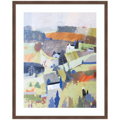 Framed Art Worlds View by Giuliana Lazzerini showing a colorful abstract countryside landscape with rolling hills, trees, and scattered houses in Florence Medium Brown frame.