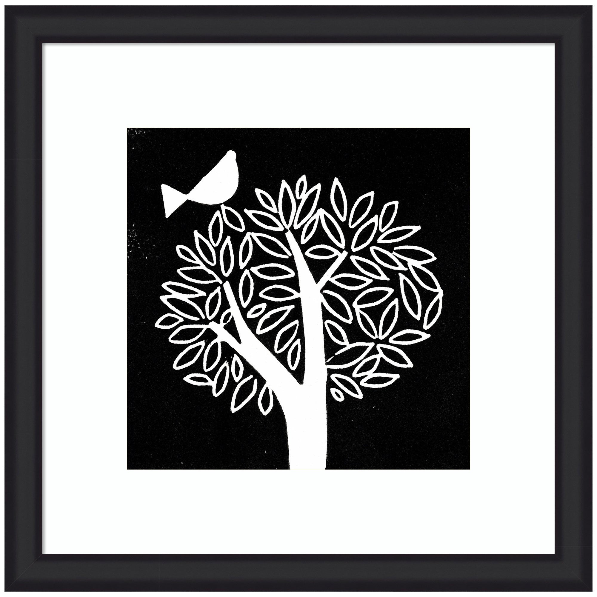 Framed Art Black and White Bird Tree Linocut by Giuliana Lazzerini