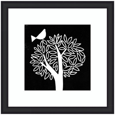 Framed Art Black and White Bird Tree Linocut by Giuliana Lazzerini