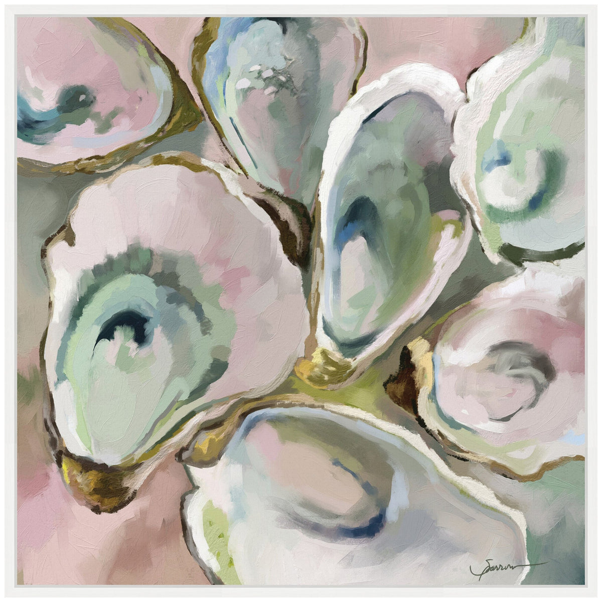 Close-up painting of clustered overlapping oyster shells in muted pastel shades of green, blue, pink, and beige with soft brushstrokes and a white frame.