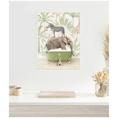 Sylvie Zebra Elephant and Weasel in Wild Safari Bathtub Framed Canvas by Amy Peterson
