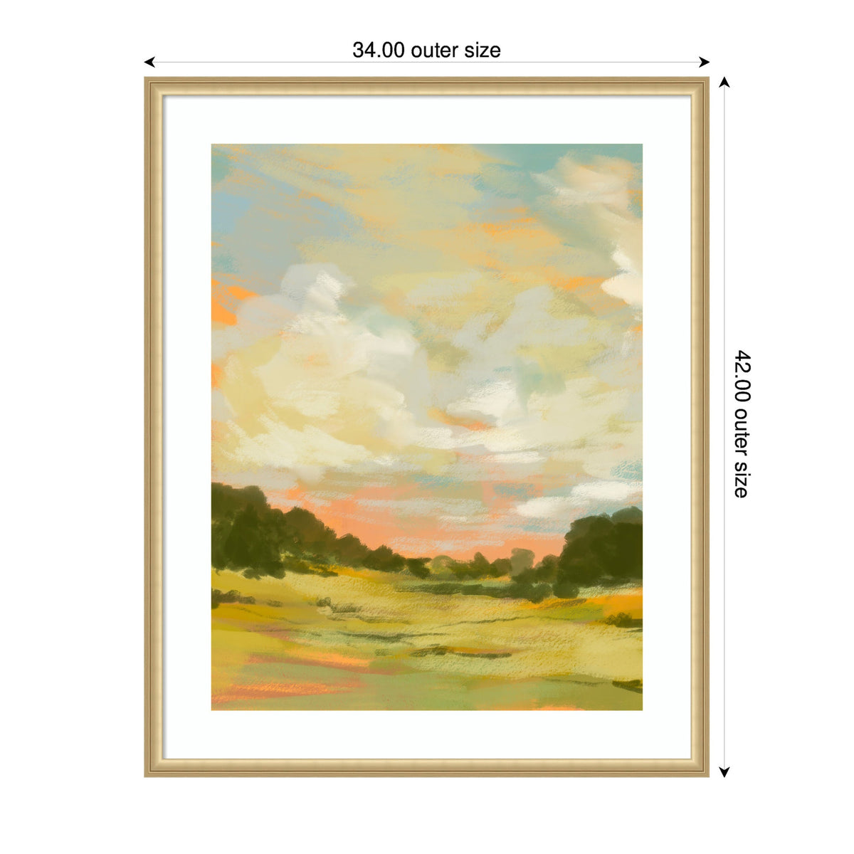 Framed landscape painting with soft pastel sky blending peach, blue, and cream above a green field bordered by dark trees, signed by Annie Quigley.