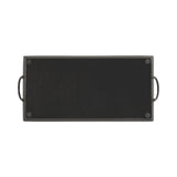 Rectangular black hammered metal tray with two side handles and four small round feet at the corners, shown from above.