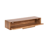 Rectangular floating console table in light wood with an open front compartment and a hinged panel that folds down to reveal storage space inside.
