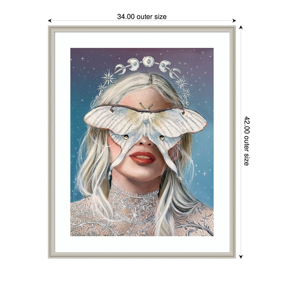 Portrait of a woman with platinum blonde hair, a large white luna moth covering her eyes, and a halo of moon phases above her head against a starry blue-purple sky.