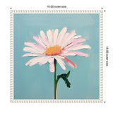 Square canvas with a painted pink and white daisy featuring a yellow center, set against a smooth teal background with a white beaded frame.