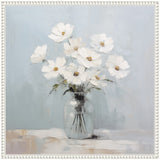 Painting of a clear glass jar holding white daisies with yellow centers against a soft blue background, framed in a white decorative border.